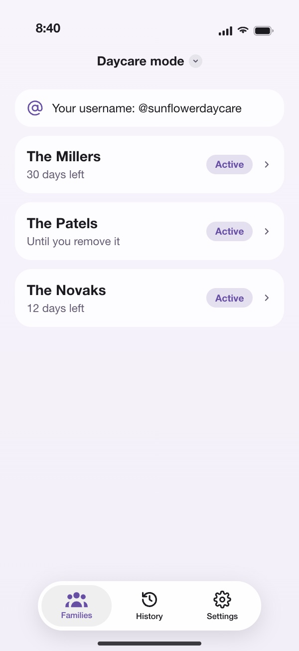 Daycare mode listing three families, The Millers, The Patels and The Novaks, with how long each one's access lasts