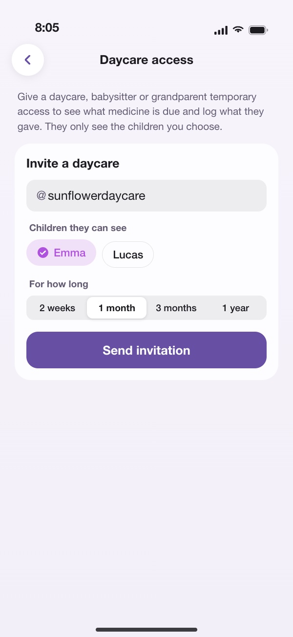 Daycare access screen inviting @sunflowerdaycare to see Emma for 1 month