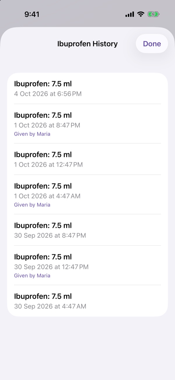 Dose history showing who gave each dose