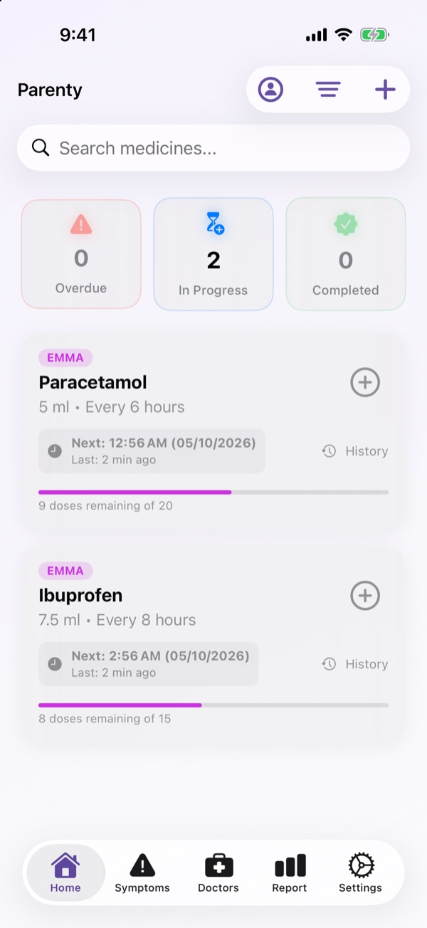 Home screen with medicines due for Emma