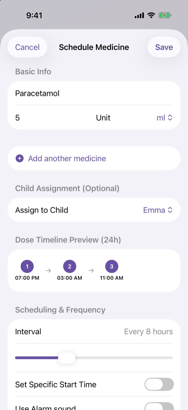 Schedule Medicine screen with a dose timeline preview